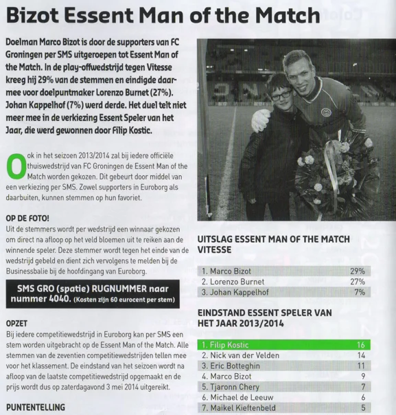 Marco Bizot Man of the Match announcement scan from FC Groningen playoff programme 2014