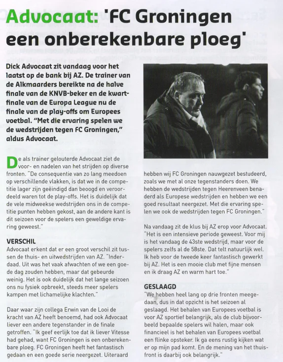 Dick Advocaat AZ Alkmaar manager column scan from FC Groningen programme 2014