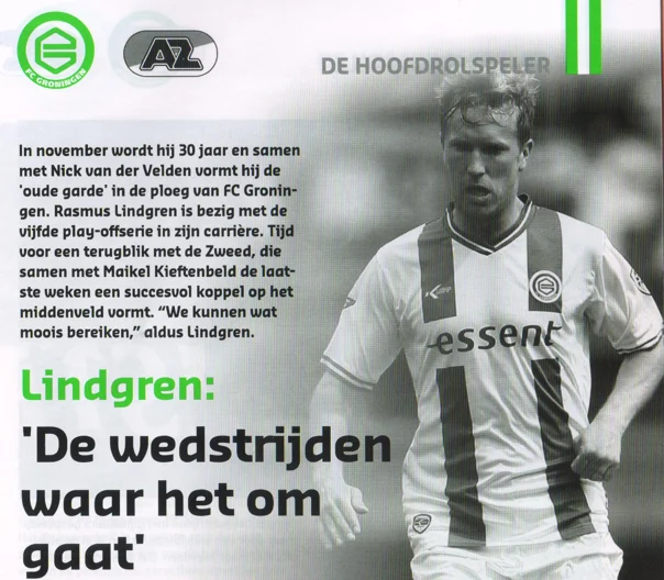 Rasmus Lindgren interview portrait scan from FC Groningen playoff programme 2014
