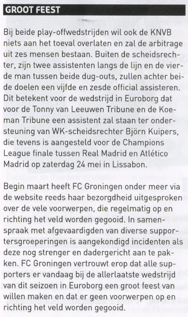 FC Groningen plea to fans to stop throwing objects scan from 2014 programme