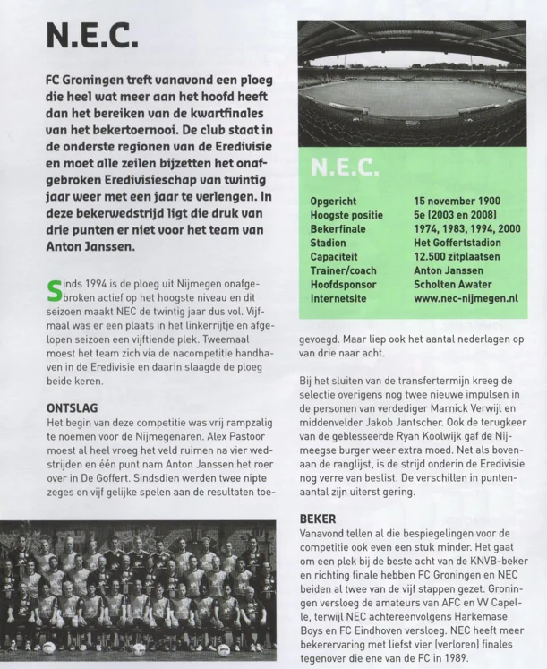 NEC Nijmegen opponent profile and KNVB Cup history scan from 2013 programme
