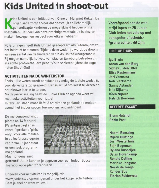 Kids United halftime penalty shoot-out announcement scan from FC Groningen programme 2013