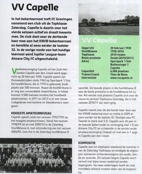 VV Capelle amateur club profile and statistics scan from FC Groningen programme 2013