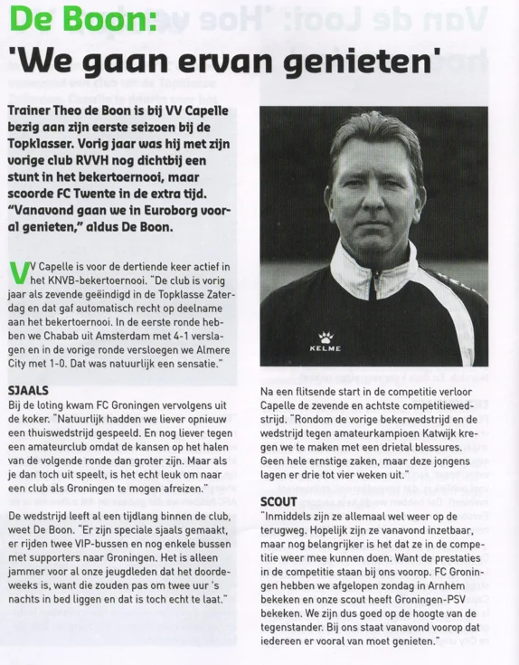 Theo de Boon VV Capelle manager column scan from FC Groningen programme 2013