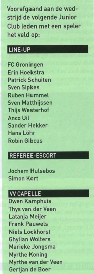 Junior Club line-up list including VV Capelle escorts scan from FC Groningen programme 2013