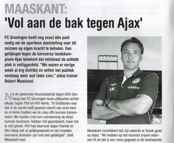 Robert Maaskant manager column page scan from FC Groningen vs Ajax programme 2013