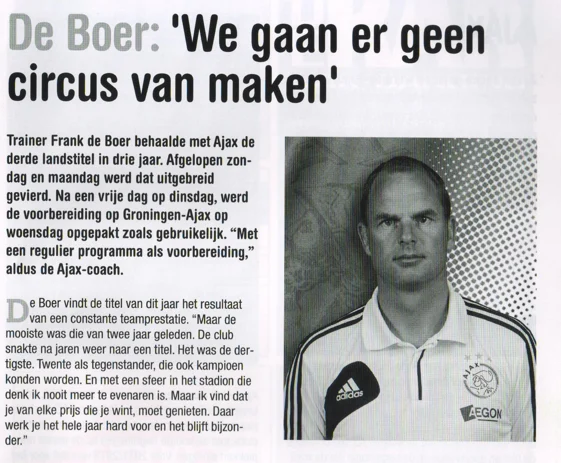 Frank de Boer manager column page scan from FC Groningen vs Ajax programme 2013