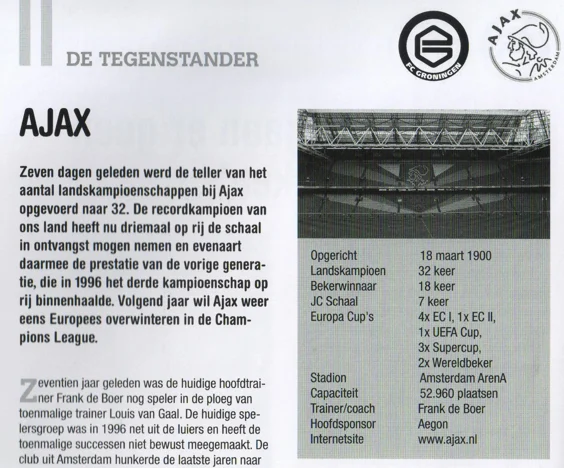Ajax opponent profile page scan from FC Groningen vs Ajax programme 2013