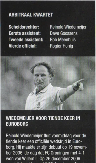 Referee Reinold Wiedemeijer profile and match history scan from FC Groningen programme 2013