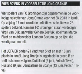 FC Groningen news article about Jong Oranje national team selection scan 2013