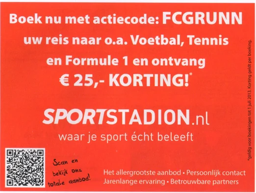 SPORTSTADION.nl sports travel advertisement with QR code scan from FC Groningen programme 2013