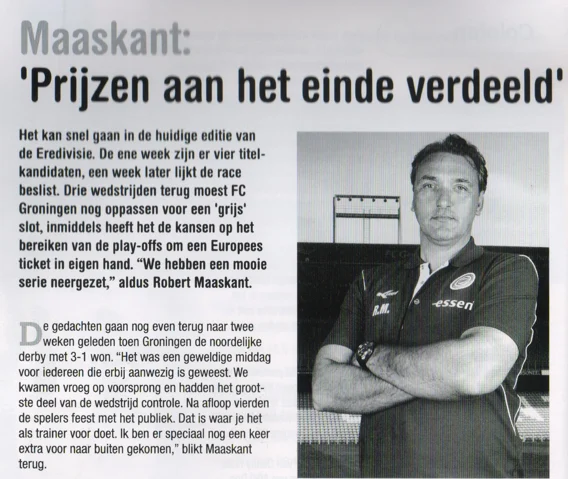 Robert Maaskant manager column page scan from FC Groningen vs ADO Den Haag programme 2013