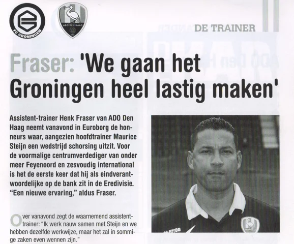 Henk Fraser manager column page scan from FC Groningen vs ADO Den Haag programme 2013