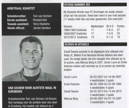 Referee Tom van Sichem profile and match history scan from FC Groningen programme 2013