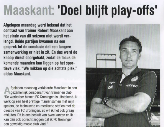Robert Maaskant manager column announcing departure scan from FC Groningen programme 2013