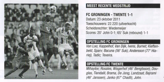 Historical match statistics showing FC Twente golden generation lineup scan from FC Groningen programme 2013